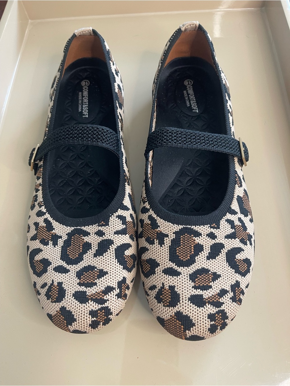 Leopard Print Mary Jane Woven Flats with Black Strap 10M - Picture 5 of 15
